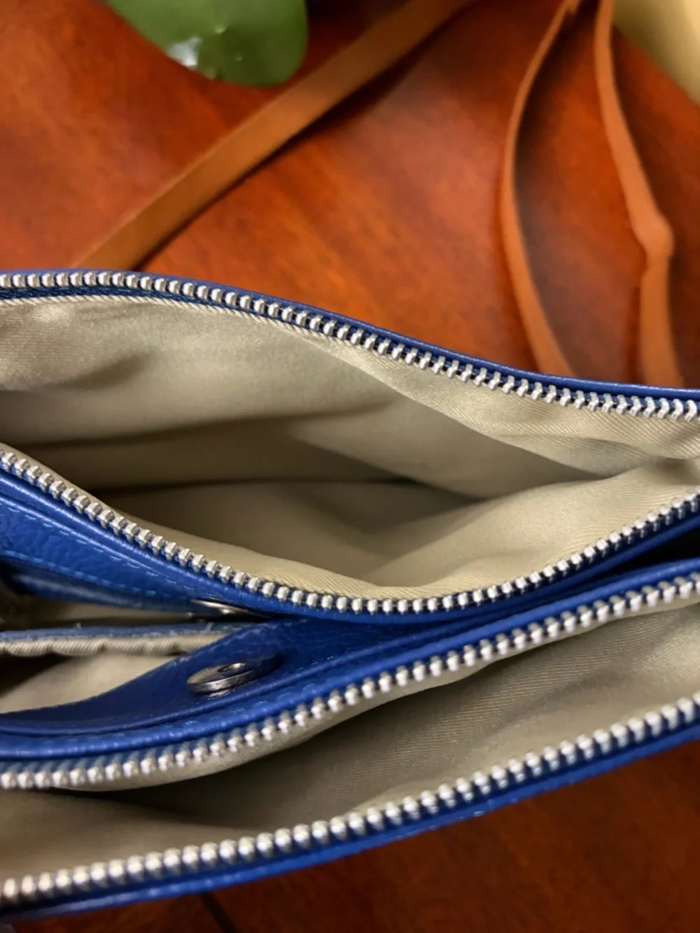 Valentina Triple Entry Pebbled Blue Leather Crossbody with Tan Strap
